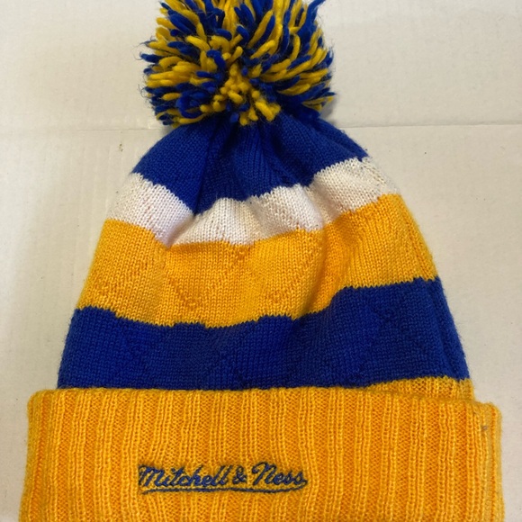 Mitchell & Ness Blue and Yellow Pom Beanie - Picture 4 of 7